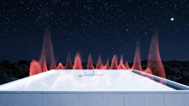 Night Sky Above White Roof Architecture with Stars, Red Light Installation, Rooftop Pool, Water Fountain, Forest Horizon, Futuristic Darkness