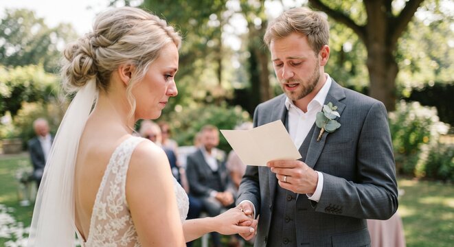Groom reading vows from a card while holding hands with crying bride at outdoor wedding.