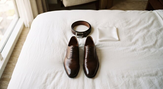 Groom wedding morning essentials including leather shoes, belt and pocket square neatly arranged on white bedsheet.