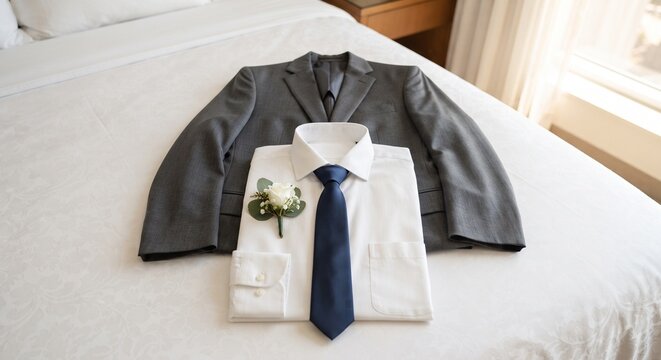 Groom wedding suit jacket and neatly folded white shirt with tie and floral boutonniere on bed.