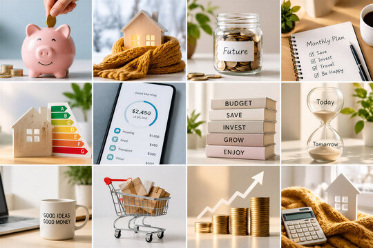 Personal finance and everyday money management concepts shown in a curated collection of lifestyle scenes. The visual set represents saving, budgeting, investing, housing costs, and future financial g