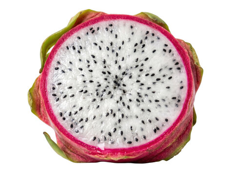 Sliced ripe dragon fruit half with exotic fruit tropical fruit white flesh black seeds cross section pink skin food photography fresh fruit healthy food pitahaya as cut out PNG