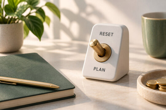 Financial reset concept with a planning notebook, savings coins, and a reset switch. The scene represents a fresh start, financial goals, and organized money management