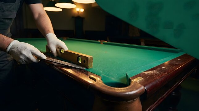 Repairman in white gloves using level and rasp on green billiard table edge in dim light of pool hall room now