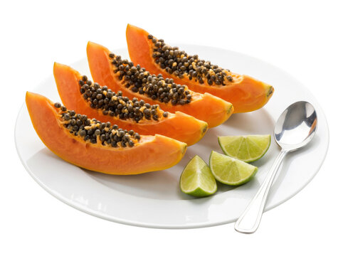 Fresh papaya slices and lime wedges served on a white plate with a spoon as PNG cutout