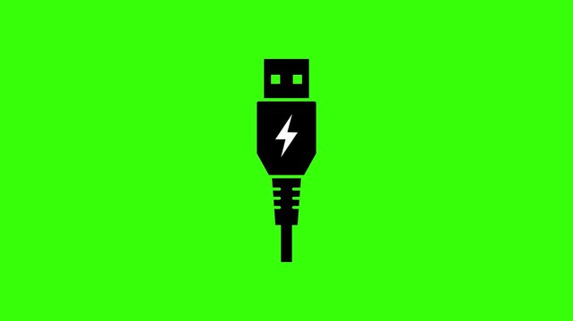USB Charging Cable Plug Loop Animation on Green Screen Background Representing Battery Recharge