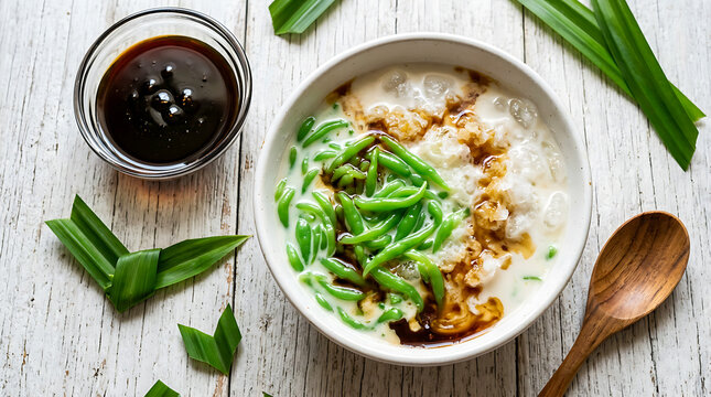 Top view of Es Cendol Dawet with palm sugar and pandan leaves.
