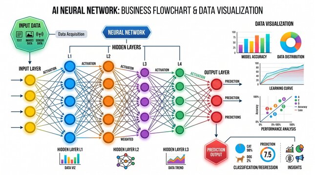 Clean modern business infographic elements, graphic flowchart showing AI neural network nodes, geometric layout, colorful data visualization charts, isolated on pure white background