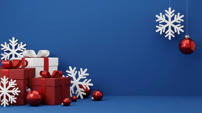 Festive christmas scene with red gifts and white snowflakes on a blue background
