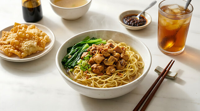 Indonesian Mie Ayam Noodles with Chicken and Vegetables.