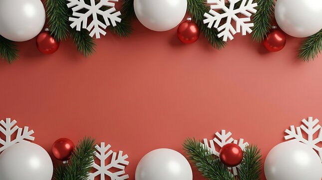 Festive christmas ornaments and evergreen branches on a vibrant red background