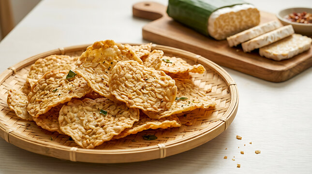 Crispy Tempeh Chips with Sliced and Whole Fresh Tempeh.