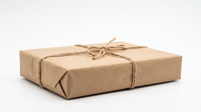 Rectangular gift box wrapped in brown paper and tied with natural twine a simple and rustic presentation PNG Isolated on transparent background
