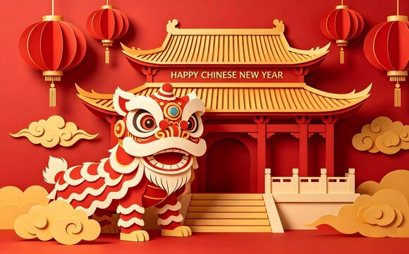 Happy Chinese New Year Paper Cut Temple Lion Dance Background