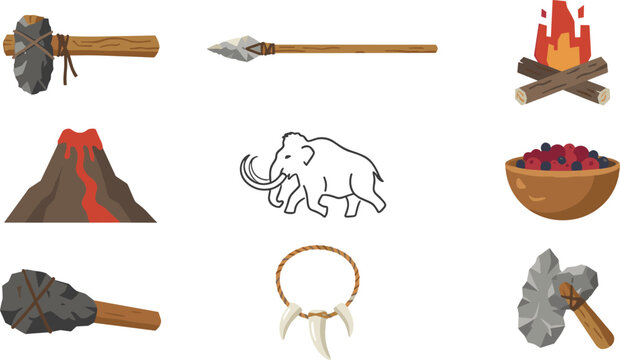 Prehistoric Stone Age Icon Set with Primitive Tools, Weapons, Bonfire, Mammoth, Volcano, and Artifacts for History, Archeology, and Educational Vector Designs