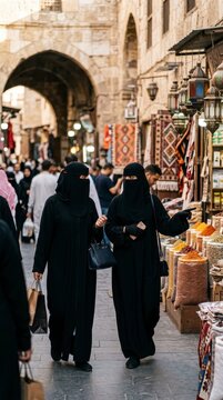 Two women in niqab shopping in Middle Eastern souk
