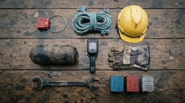 Cargo seal, mooring line, hardhat, dock fender, scanner and tools arranged with container blocks for maritime shipping