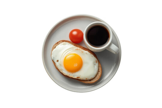 Breakfast plate with fried egg toast tomato and coffee