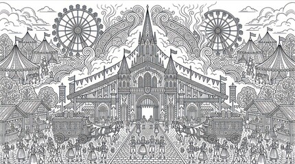 Obraz premium Medieval festival coloring page with castle and carnival wheels