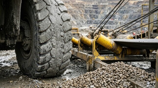 Mine truck tire covered in gray tailings beside yellow conveyor rollers and crushed zinc concentrate at an open pit mine