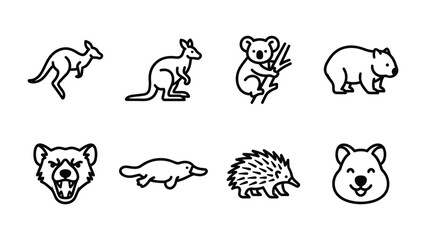 Obraz premium Australian Wildlife Icons: A set of minimalist line art icons featuring iconic Australian animals: kangaroo, koala, wombat, Tasmanian devil, platypus, echidna, and quokka.