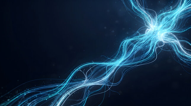 Abstract blue light wave and fiber optic network background with copy space, 3d illustration of digital data stream and particle energy flux