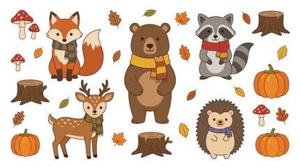 Fototapeta premium Kawaii Woodland Animals with Fall Scarves and Forest Icons Vector
