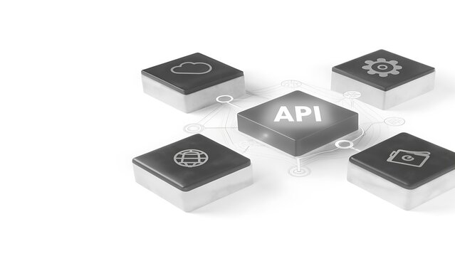 API icons connect to a central digital platform for data integration.