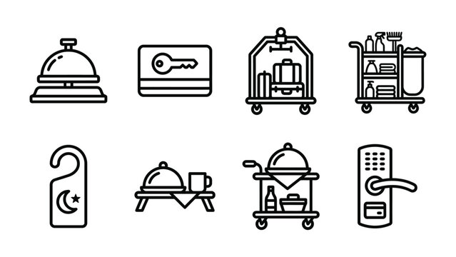 Hotel Service Icons: A collection of line art icons depicting various hotel services and amenities, including a bell desk, key card, luggage cart, cleaning trolley, doorknob hanger, room service tray.