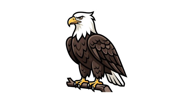 A majestic bald eagle perched on a branch, vector illustration of a powerful bird of prey in a detailed cartoon style with sharp focus