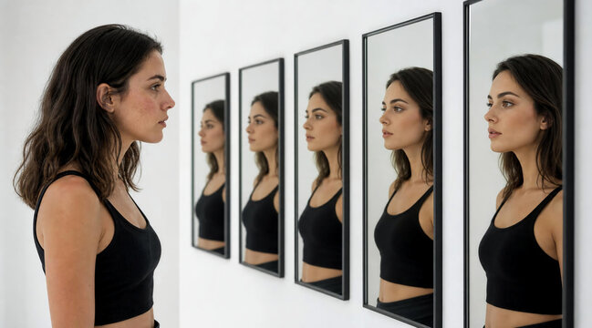 Woman Looking at Multiple Reflections Representing Self Image and Identity