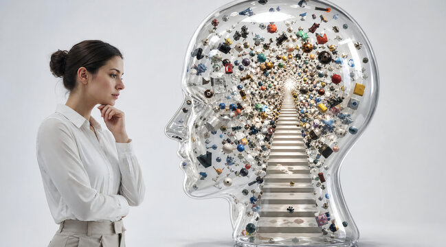 Woman Thinking Beside Transparent Human Head Filled with Objects Representing Information Overload