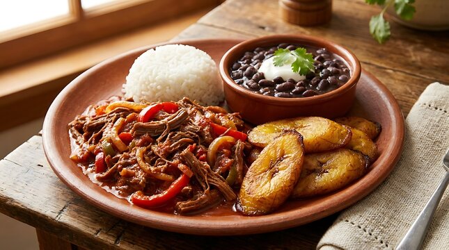 Traditional pabellon criollo dish with shredded beef rice black beans and fried plantains on plate. ropa vieja