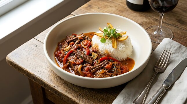 Beef stir fry with white rice served in a bowl on a rustic wooden table with wine and cutlery. ropa vieja