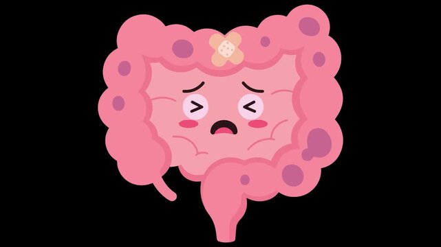 Sad Sick Human Colon Animation with Bandage and Infection