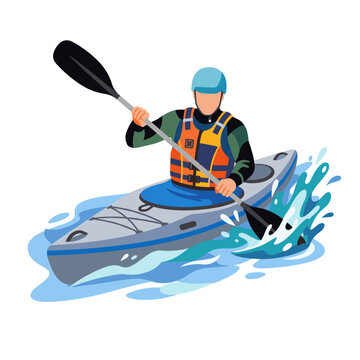 Kayaker paddling a kayak through splashing water wearing a life jacket and helmet in a modern flat vector illustration style