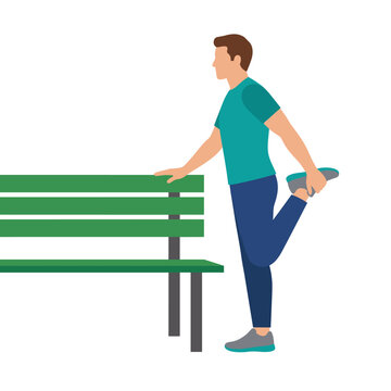 Man stretching his leg using a park bench for balance before or after a workout in sportswear in a modern flat vector illustration style