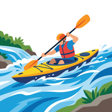 Kayaker paddling a yellow kayak through rushing river rapids wearing a life jacket and helmet in a modern flat vector illustration style