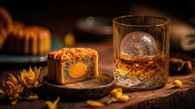 Traditional Mooncake with Salted Egg Yolk and Whiskey on Dark Wood Table