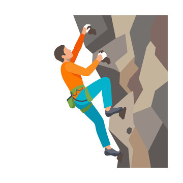 Rock climber scaling a steep cliff wall with a harness in a modern flat vector illustration style