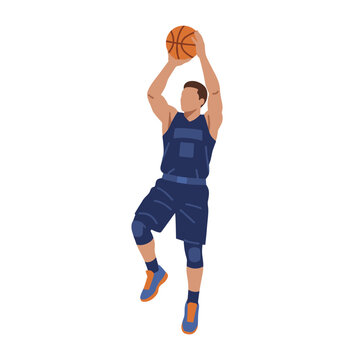 Basketball player in action making a jump shot and throwing the ball in a modern flat vector illustration style