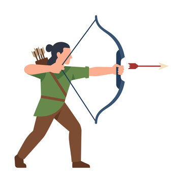 Medieval archer character aiming and shooting an arrow with a longbow in a modern flat vector illustration style