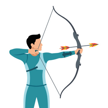 Professional archer man aiming and releasing an arrow with a recurve bow in a modern flat vector illustration style