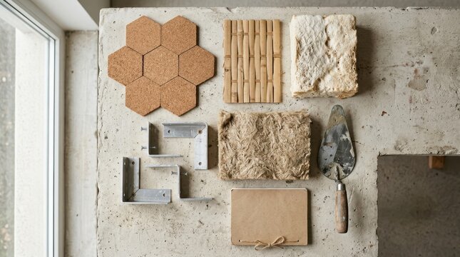 Sustainable building materials flat lay with cork tiles, bamboo strips, mycelium foam, recycled aluminum brackets and hemp insulation