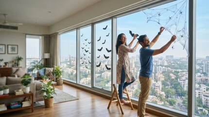 Fototapeta premium Couple Decorating Window for Halloween: A man and a woman stand on ladders, decorating a large window with Halloween-themed cutouts, creating a festive atmosphere in their apartment.