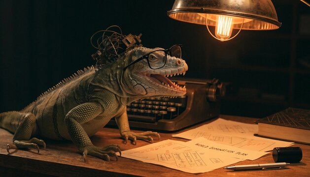 An iguana under a heat lamp acting like a dramatic movie villain plotting world domination.