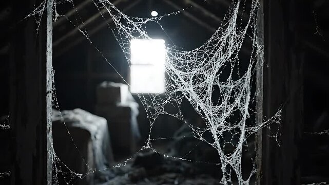 Spiderwebs Gently Swaying in a Dark, Abandoned Attic with Glowing Windows. Eerie, Atmospheric Footage for Halloween or Horror Themes.
