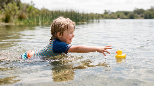 Joyful young child reaching for a yellow rubber duck while swimming in a calm lake on a sunny day PNG Isolated on transparent background