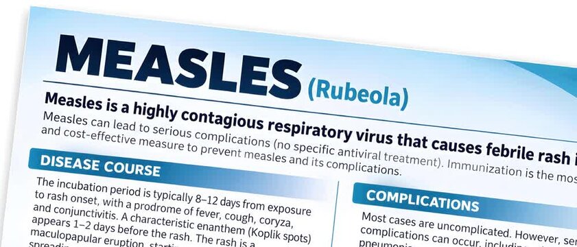 4K footage featuring a detailed medical infographic poster on Measles (Rubeola) outlining symptoms, complications, disease course, and prevention. Ideal for healthcare education.