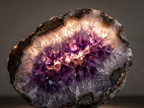 Amethyst geode cross section with glowing purple crystal formations
